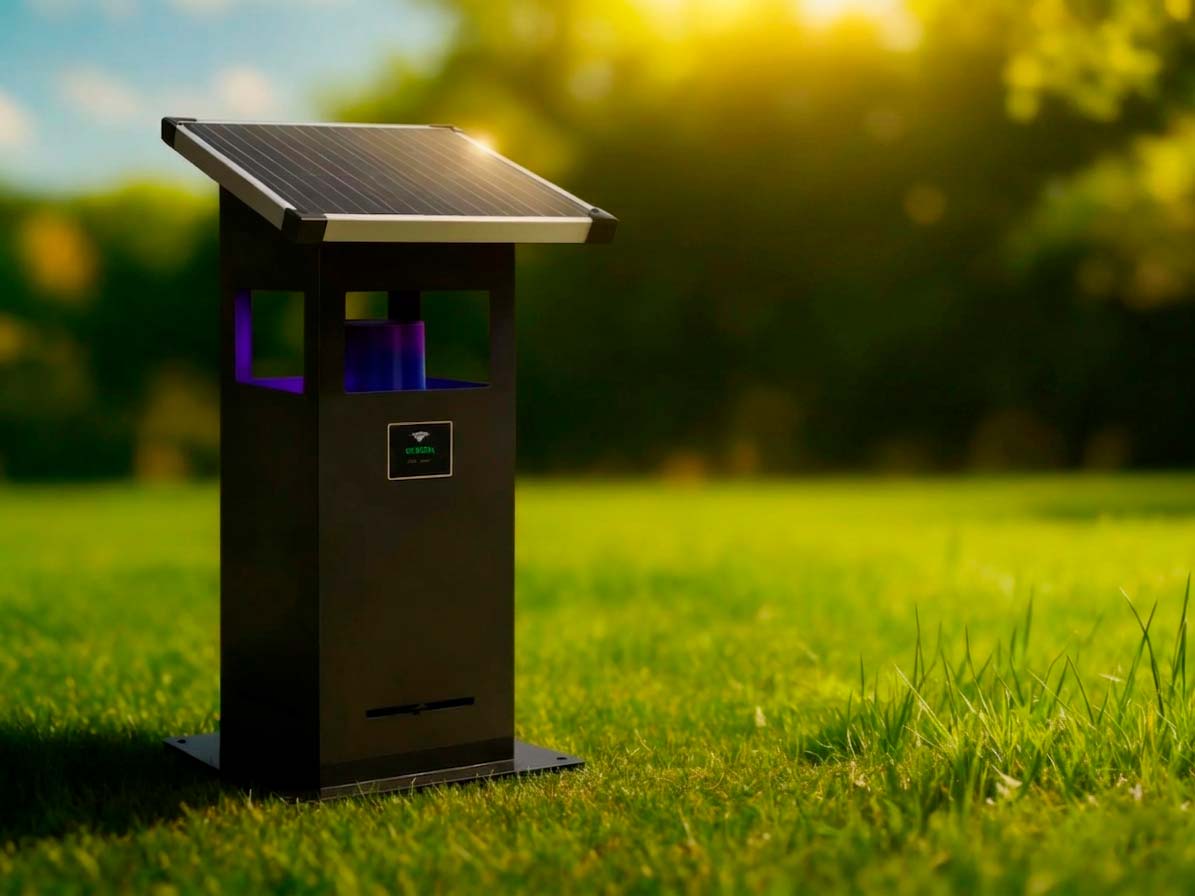 Lámpara solar atrapamosquitos GOKDA de alta eficiencia instalada en un jardín soleado.