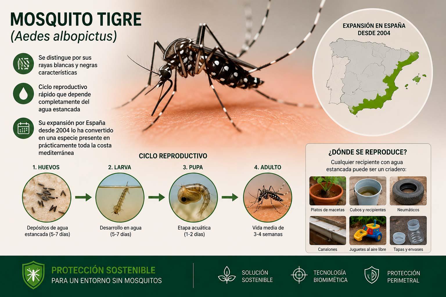 Infografía del mosquito tigre (Aedes albopictus) mostrando su ciclo reproductivo, expansión en España y criaderos de agua estancada.