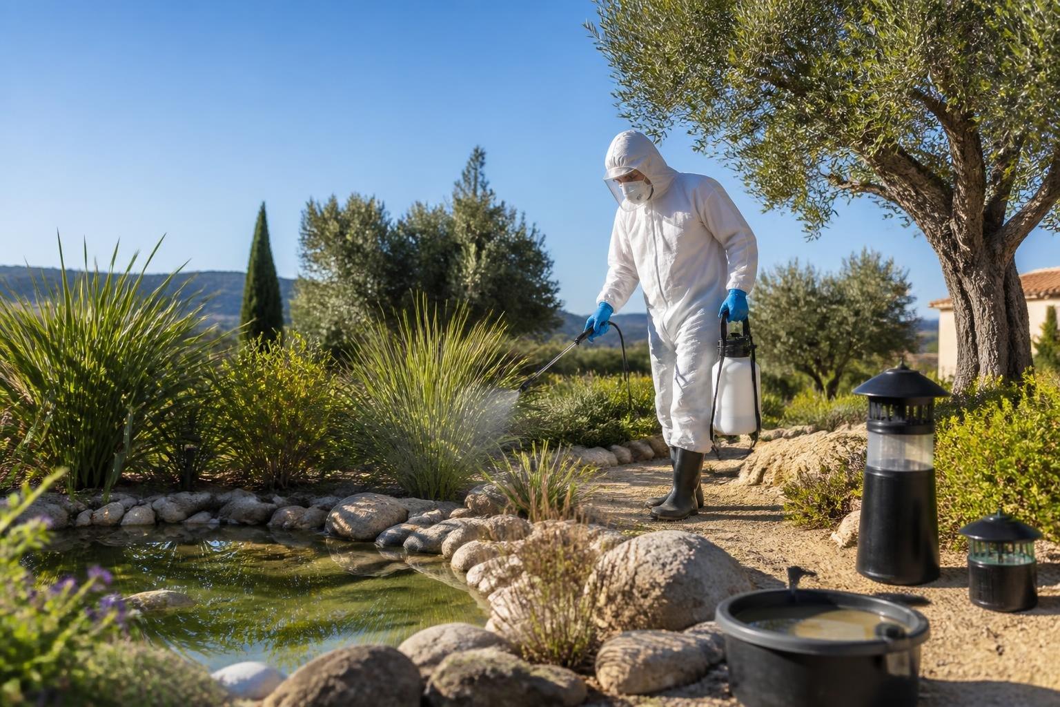 Persona aplicando métodos biológicos para eliminar mosquitos en un jardín español con vegetación mediterránea.