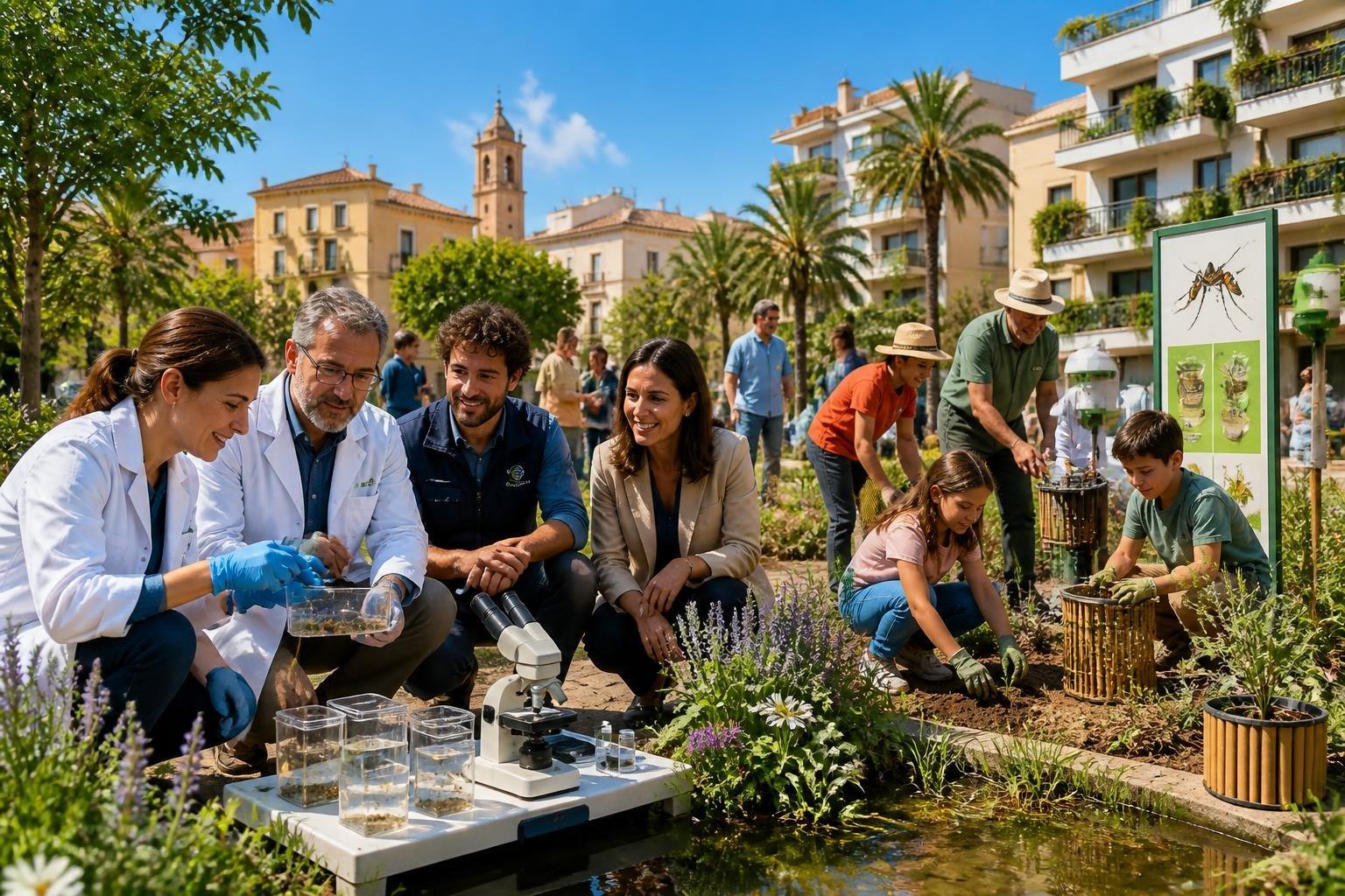 Un grupo de científicos y ciudadanos trabajando juntos en un parque de la Comunitat Valenciana para eliminar el mosquito tigre, con vegetación y un pueblo mediterráneo al fondo.