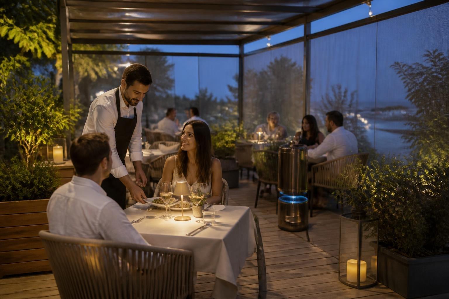 Terraza de restaurante al aire libre con mesas y sillas, protegida con una malla fina contra mosquitos y velas de citronela, con un camarero atendiendo a los clientes.